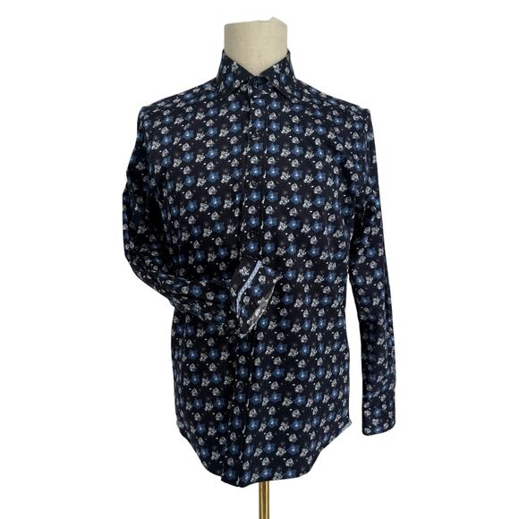 Robert Graham Woven Button Front Long SleeveShirt Black Navy Geometric Print M - Picture 1 of 9